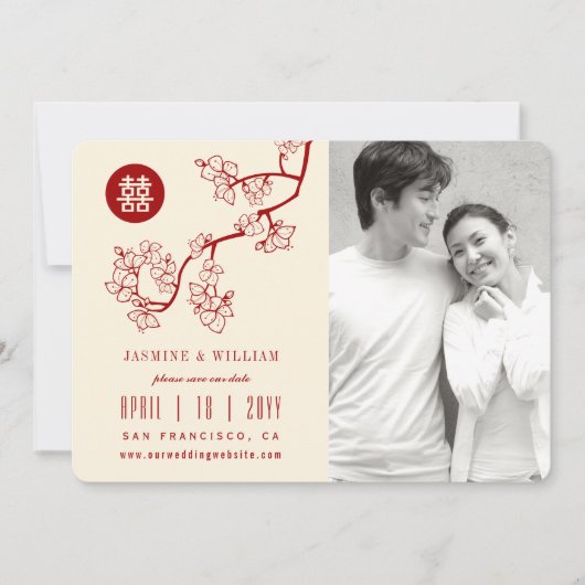 赤い桃の花中国のの二重幸福の写真 セーブザデート (正面)