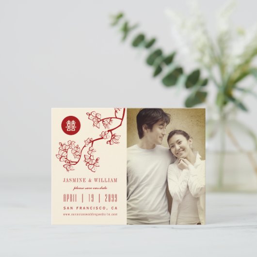 赤い桃の花中国のの二重幸福の写真 案内ポストカード (スタンド正面)