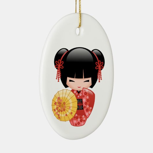 赤い桜こけし人形 – かわいい芸者を白に セラミックオーナメント (右)
