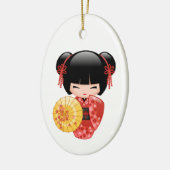 赤い桜こけし人形 – かわいい芸者を白に セラミックオーナメント (左)