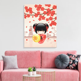 赤い桜こけし人形 - 日本の芸者 キャンバスプリント