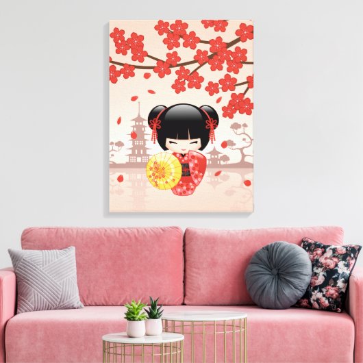 赤い桜こけし人形 - 日本の芸者 キャンバスプリント (インサイチュ (リビング))