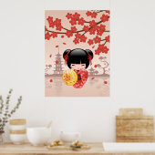 赤い桜こけし人形 - 日本の芸者 ポスター (キッチン)