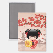 赤い桜こけし人形 - 日本の芸者 マグネット (正面/裏面)