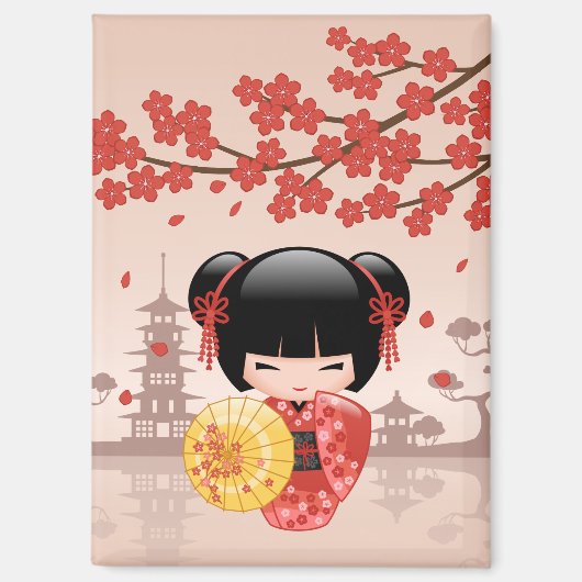 赤い桜こけし人形 - 日本の芸者 マグネット (正面)