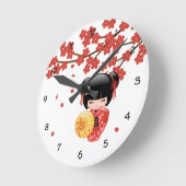 赤い桜こけし人形 - 日本の芸者 ラージ壁時計 (傾斜)