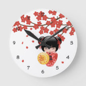 赤い桜こけし人形 - 日本の芸者 ラージ壁時計 (正面)
