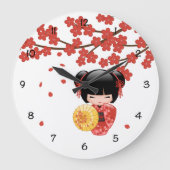 赤い桜こけし人形 - 日本の芸者 ラージ壁時計 (正面)
