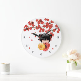 赤い桜こけし人形 - 日本の芸者 ラージ壁時計