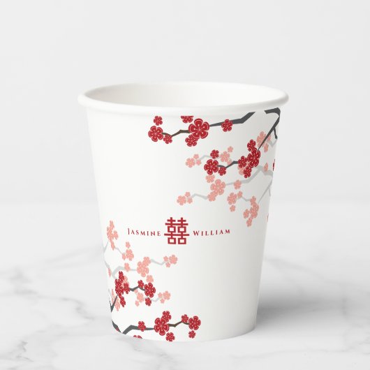 赤い桜とダブル喜　中国式ウェディング 紙コップ (正面)