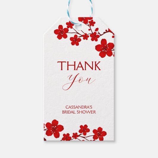 赤い桜の花のブライダルシャワー ギフトタグ (正面)