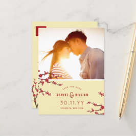 赤い桜の花の写真でSave The Date 案内ポストカード
