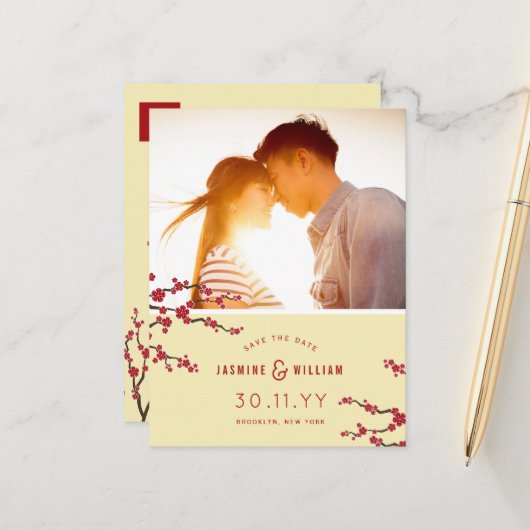 赤い桜の花の写真でSave The Date 案内ポストカード (正面/裏面インサイチュ)