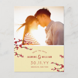 赤い桜の花の写真でSave The Date 案内ポストカード