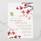 赤い桜の金の二重の喜びの中国の結婚式 箔招待状 (裏面)