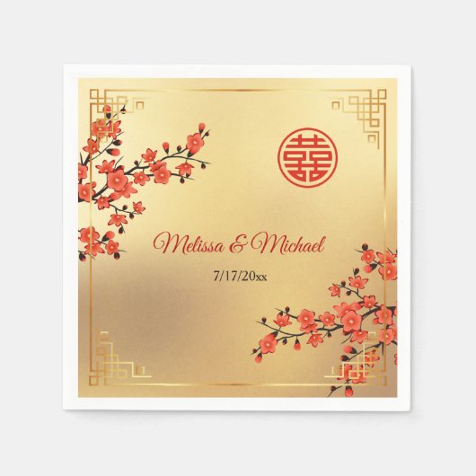 赤い桜の金色の中国の結婚式 カスタム スタンダードカクテルナプキン (正面)