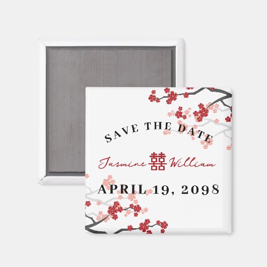 赤い桜ダブル中国のハピネス日付を保存 マグネット (正面/裏面)