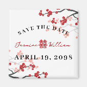 赤い桜ダブル中国のハピネス日付を保存 マグネット (正面)