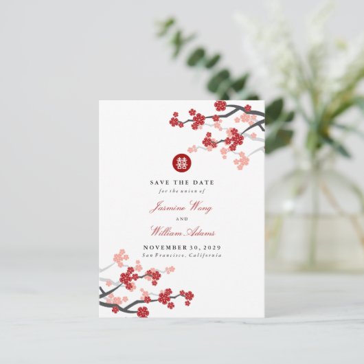 赤い桜ダブル中国のハピネス日付を保存 案内ポストカード (スタンド正面)
