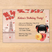 赤い桜透明ウィンドウ誕生日パーティー アクリル招待状 (正面)