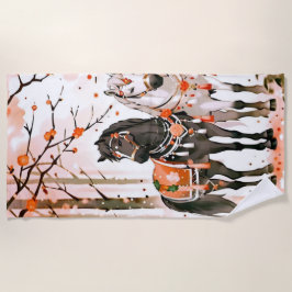 赤い森の中の馬 ビーチタオル