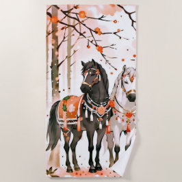 赤い森の中の馬 ビーチタオル