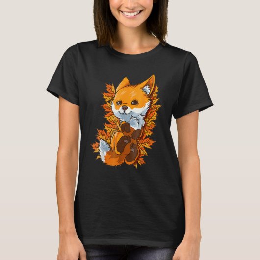 赤い森の狐 赤ちゃん動物 秋 もみじ Tシャツ (正面)