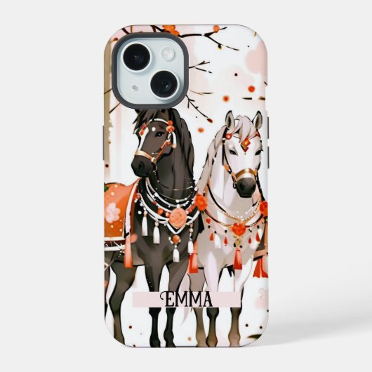 赤い森の馬 カスタムネーム iPhone 15ケース (裏面)