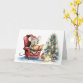 赤い椅子に可愛いクリスマスマウス カード (黄色い花)