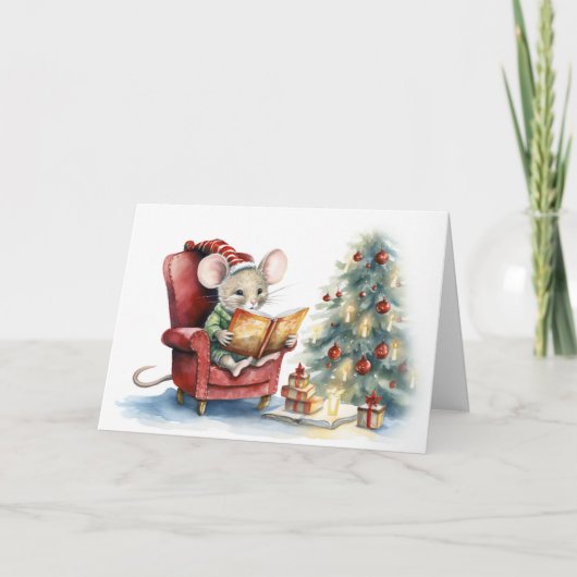赤い椅子に可愛いクリスマスマウス カード (正面)