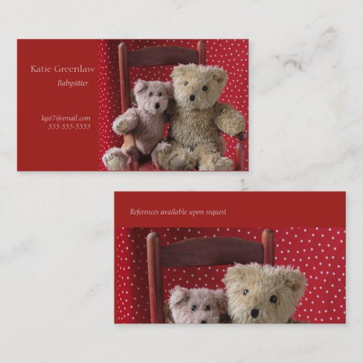 赤い椅子のベビーシッターに2頭のテディベア 名刺 (正面/裏面)