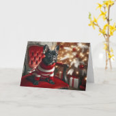 赤い椅子フランスのにクリスマス・ブラック・ブルドッグ カード (黄色い花)