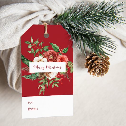 赤い植物画のクリスマスギフトタグ ギフトタグ
