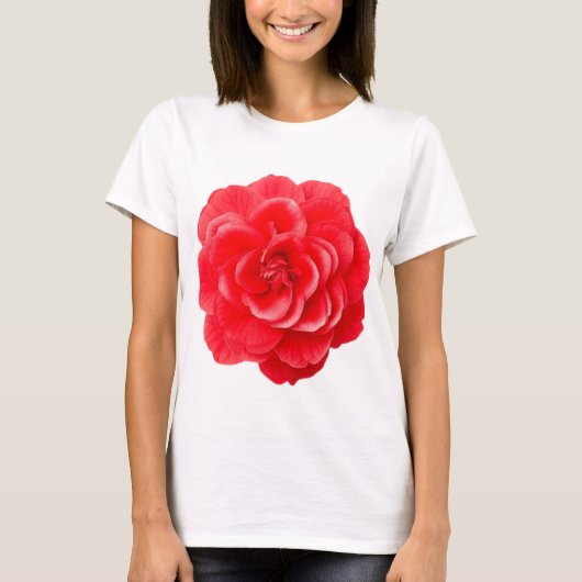 赤い椿の花のアート 女性用 白Tシャツ エレガント Tシャツ (正面)