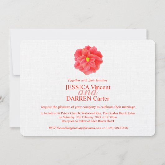 赤い椿の花の水の色の結婚式の招待 招待状 (裏面)