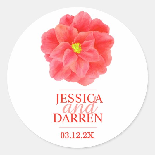 赤い椿の花結婚のステッカー ラウンドシール (正面)