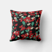 赤い椿、白い緑の葉黒い黒いフローラ クッション (裏面)