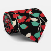 赤い椿、白い緑の葉黒い黒いフローラ ネクタイ (ロール)