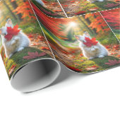 赤い楓の葉の後ろに隠れる白いバニー ラッピングペーパー (ロールコーナー)