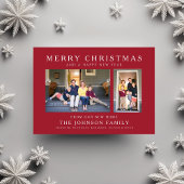 赤い楽しいクリスマス 新しい家の写真のホリデーカード シーズンカード