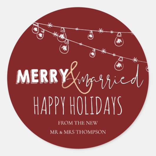 赤い楽しい&結婚した新婚幸せな休日 ラウンドシール (正面)