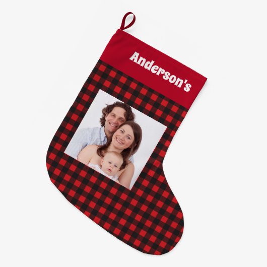 赤い樵パターン家族写真の名前 ラージクリスマスストッキング (正面 (吊り時))