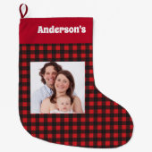 赤い樵パターン家族写真の名前 ラージクリスマスストッキング (正面)