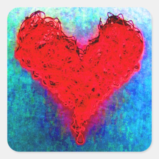 赤い毛糸のラブハート編みステッカー スクエアシール (正面)