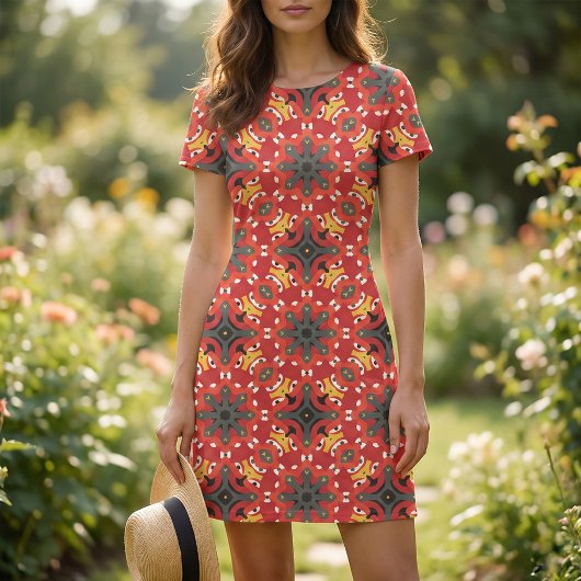 赤い民族宝東洋アラベスクモザイクパターン ファブリック