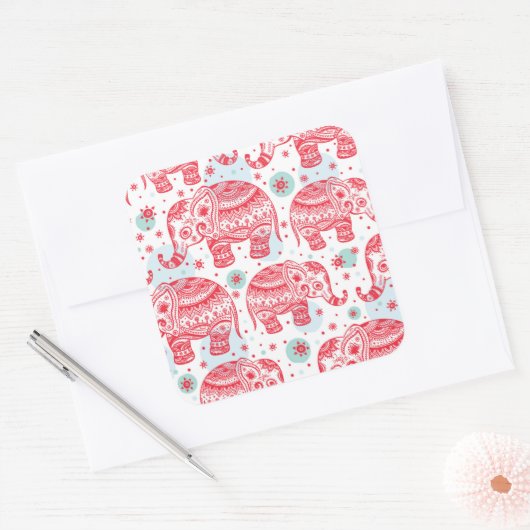 赤い民族象の模様 スクエアシール (封筒)