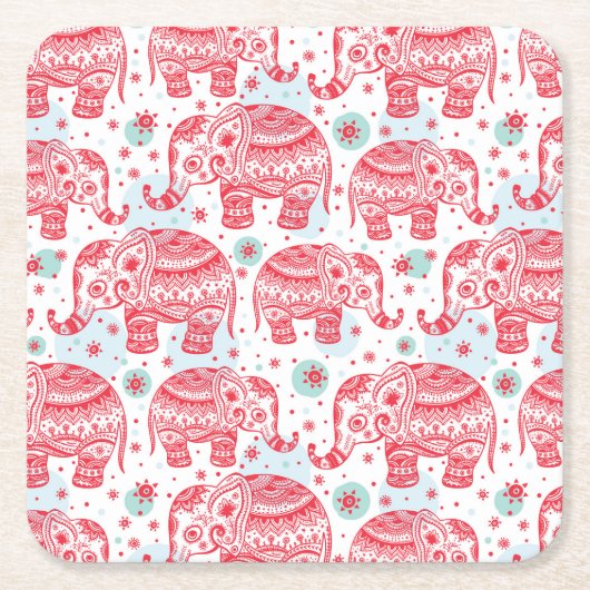 赤い民族象パターン スクエアペーパーコースター (正面)