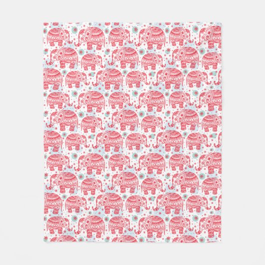 赤い民族象パターン フリースブランケット (正面)