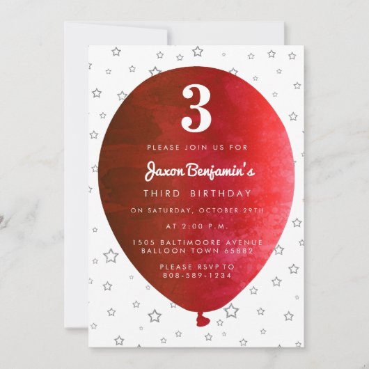 赤い気球の誕生日のパーティの招待状 招待状 (正面)