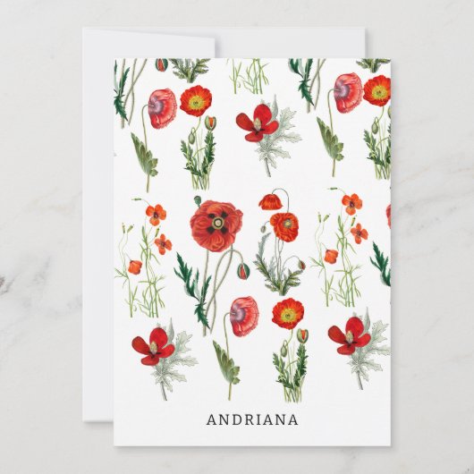 赤い水の色のポピー花模様ありがとう サンキューカード (裏面)